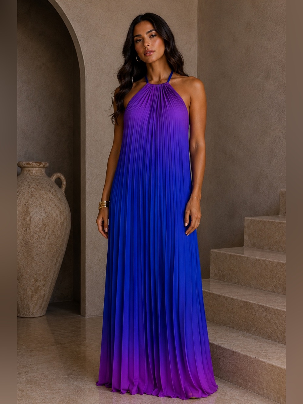 Ombre Pleated Halter Maxi Dress in Purple and Blue